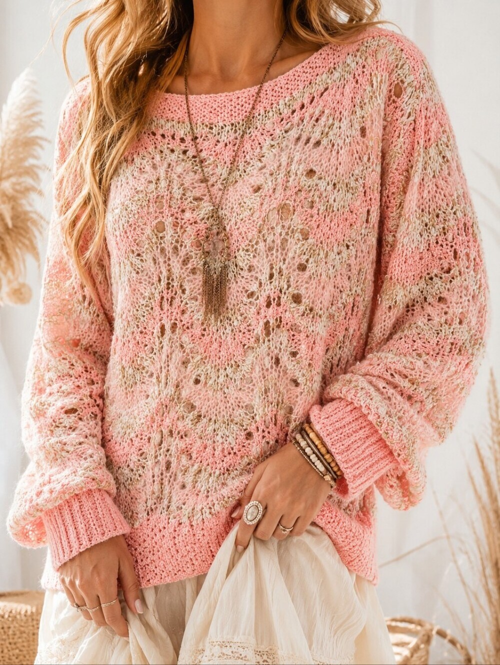 Handmade Peach Coral Open Knit Crochet Sweater Boho Cottagecore Textured